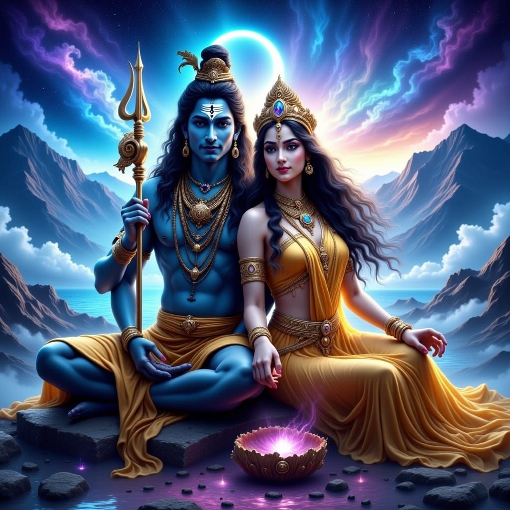Shiva and Shakti in Cosmic Landscape, Hyperreal Style