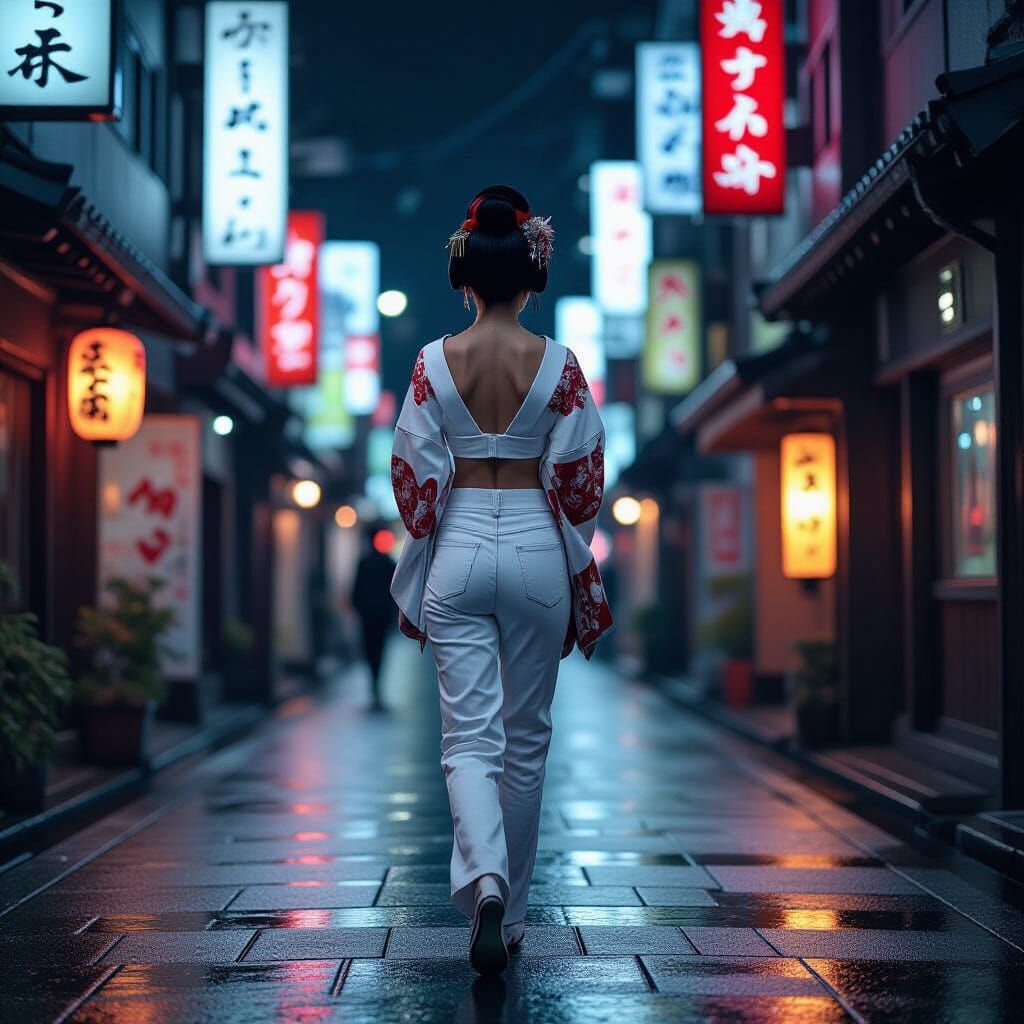 Geisha in Tokyo Street, Realistic Style