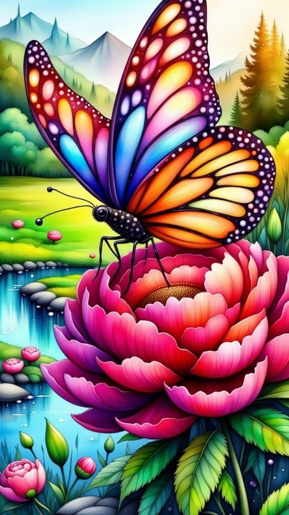Colorful butterfly on a peony