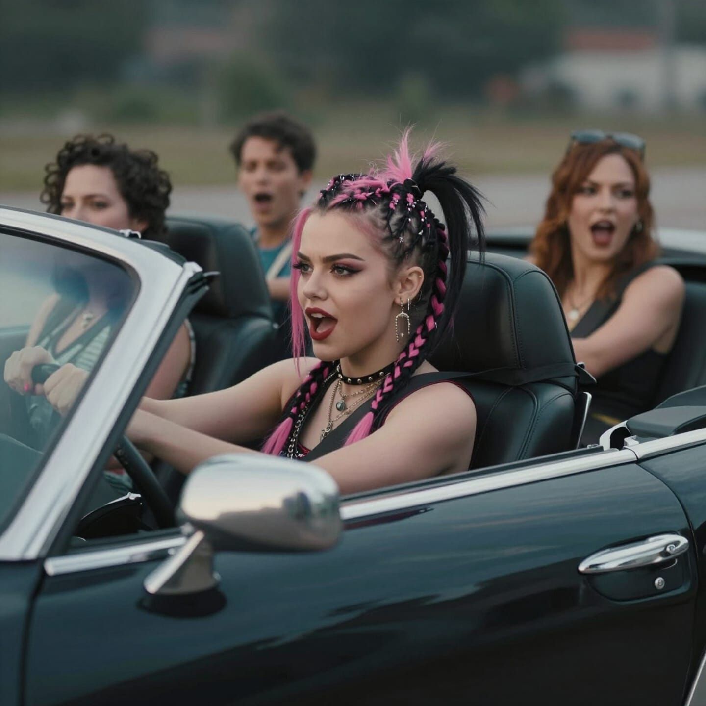 Punk Girl Drives Convertible with Friends in Cinematic Scene