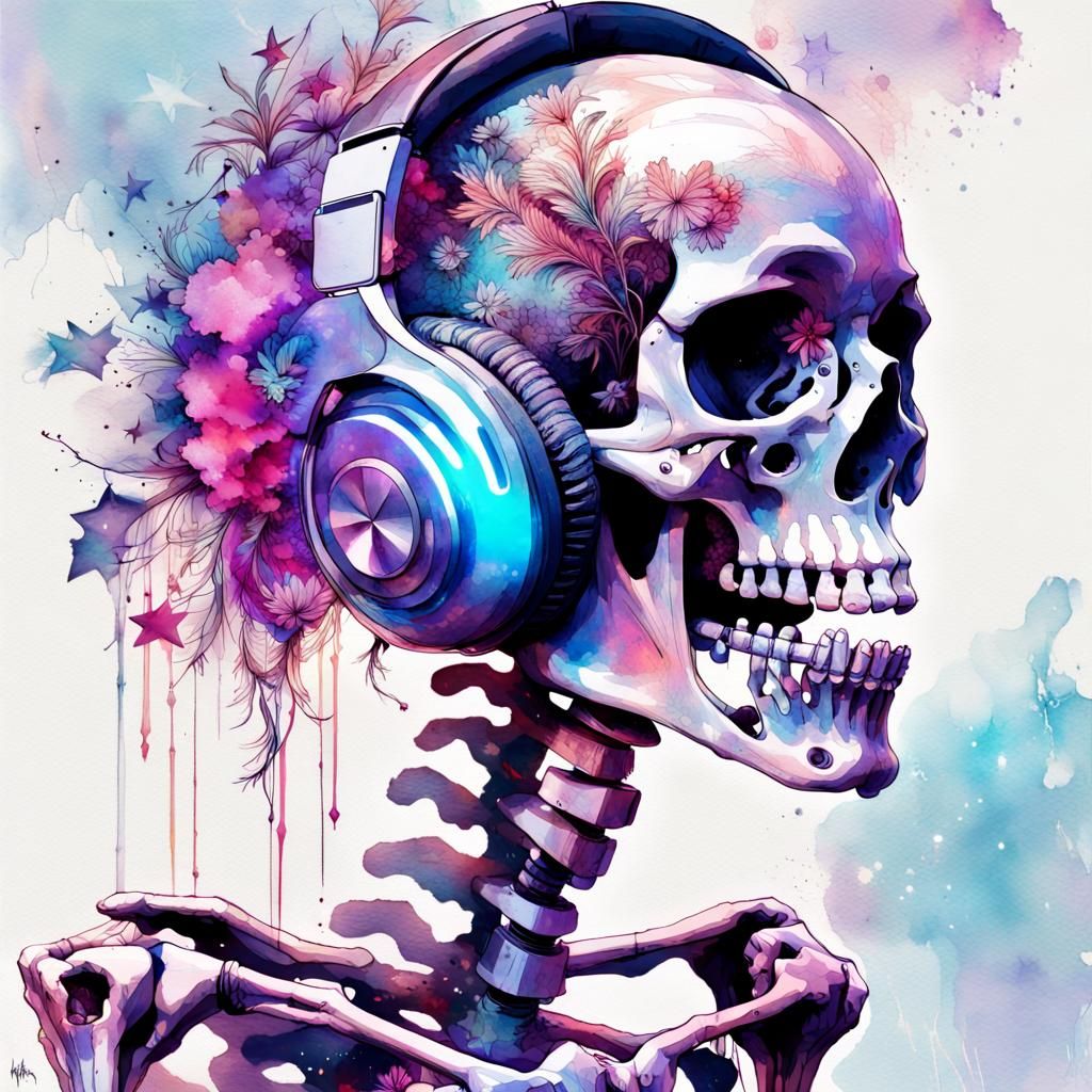 Holographic Skeleton Dancing in Watercolor Art Style