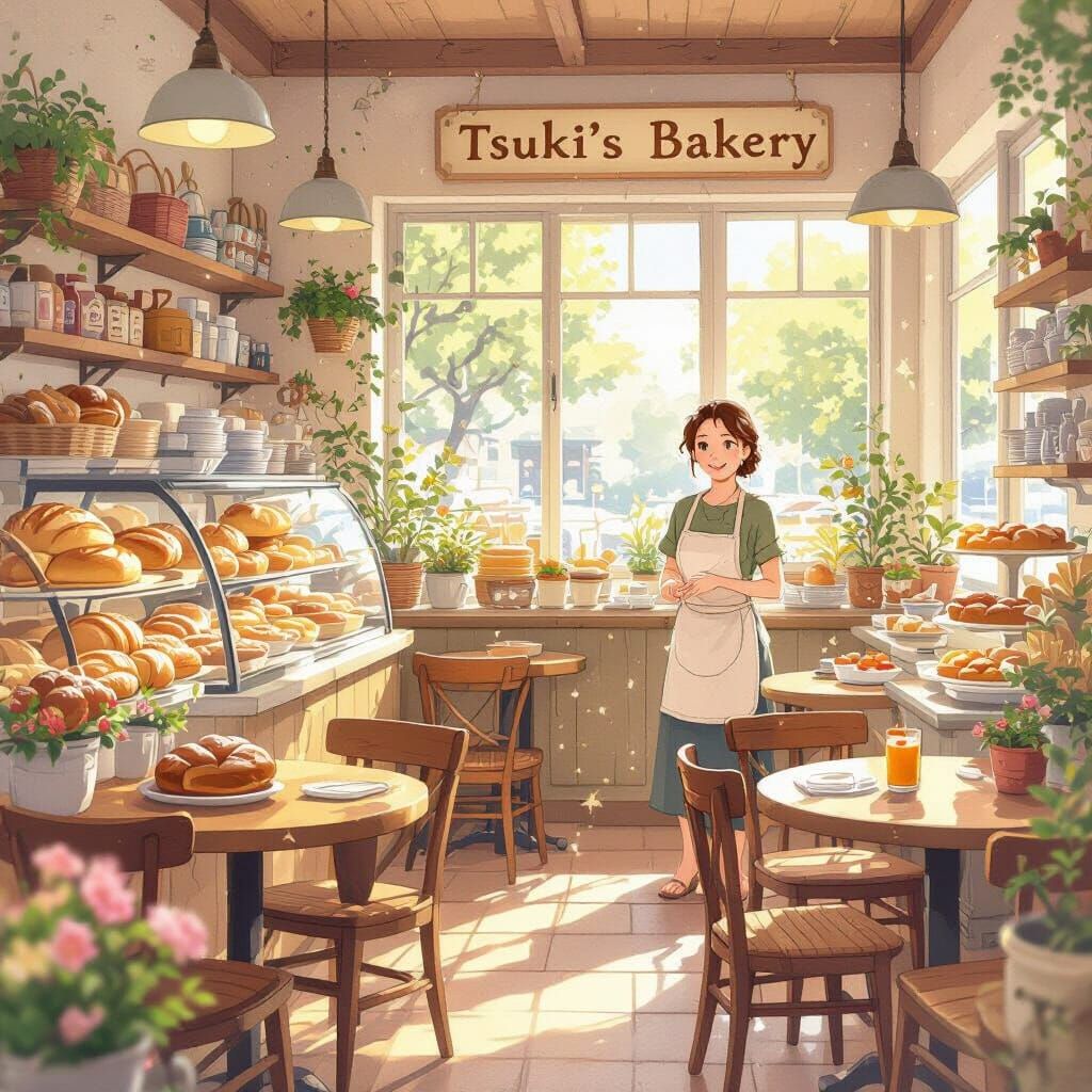 Cozy Sun-Drenched Bakery interior as Digital Painting