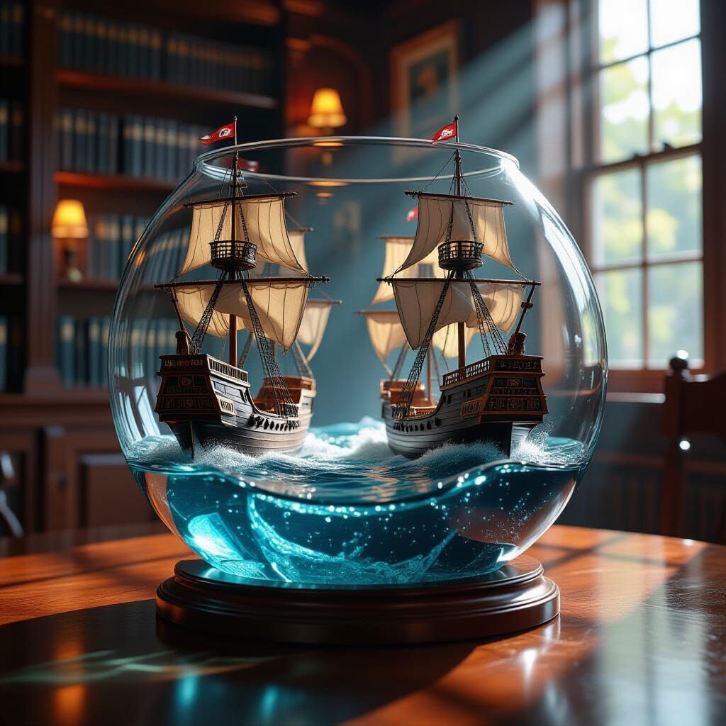 Naval Battle in Fishbowl: Hyperrealistic Galleons