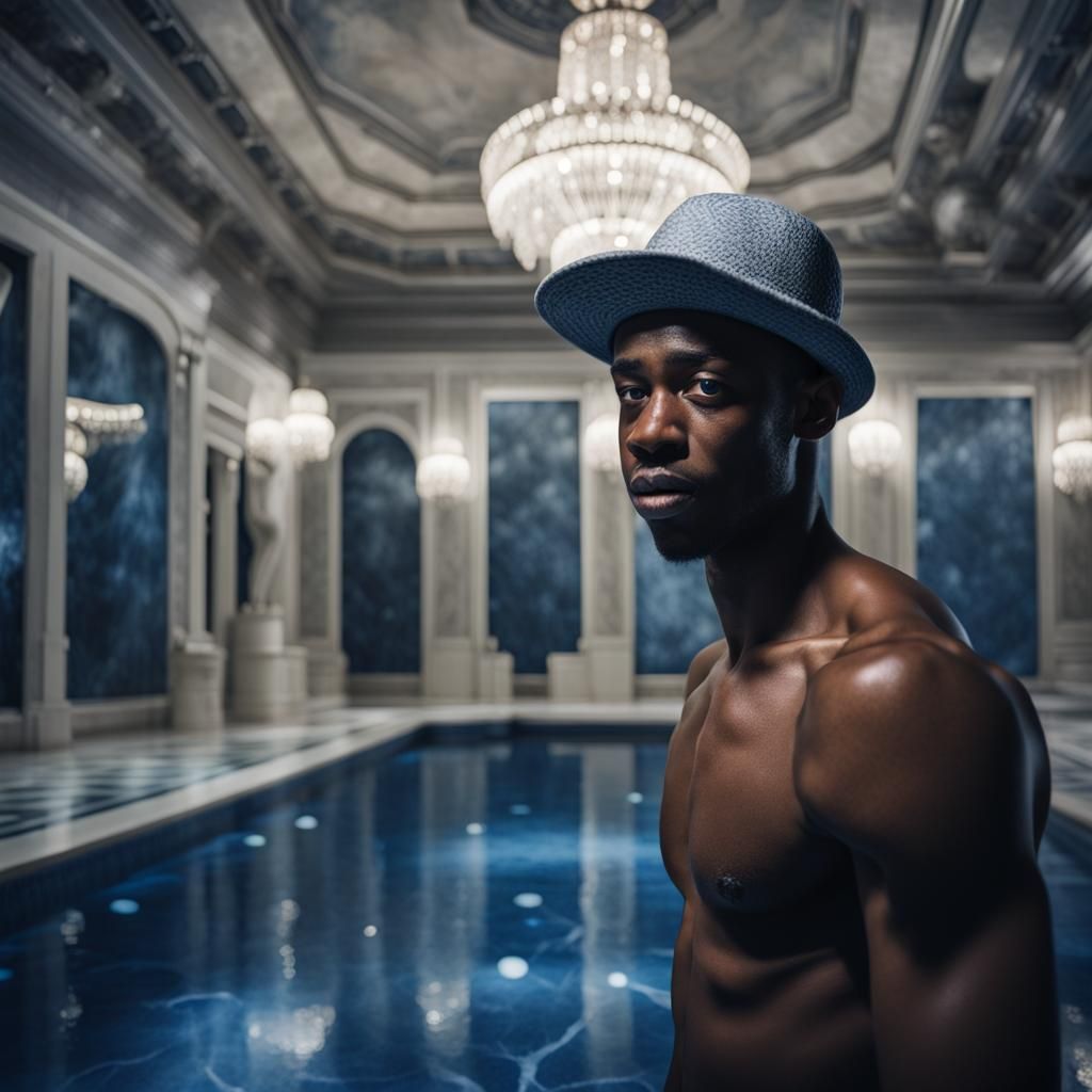 Amused Man in Luxury Pool at Night
