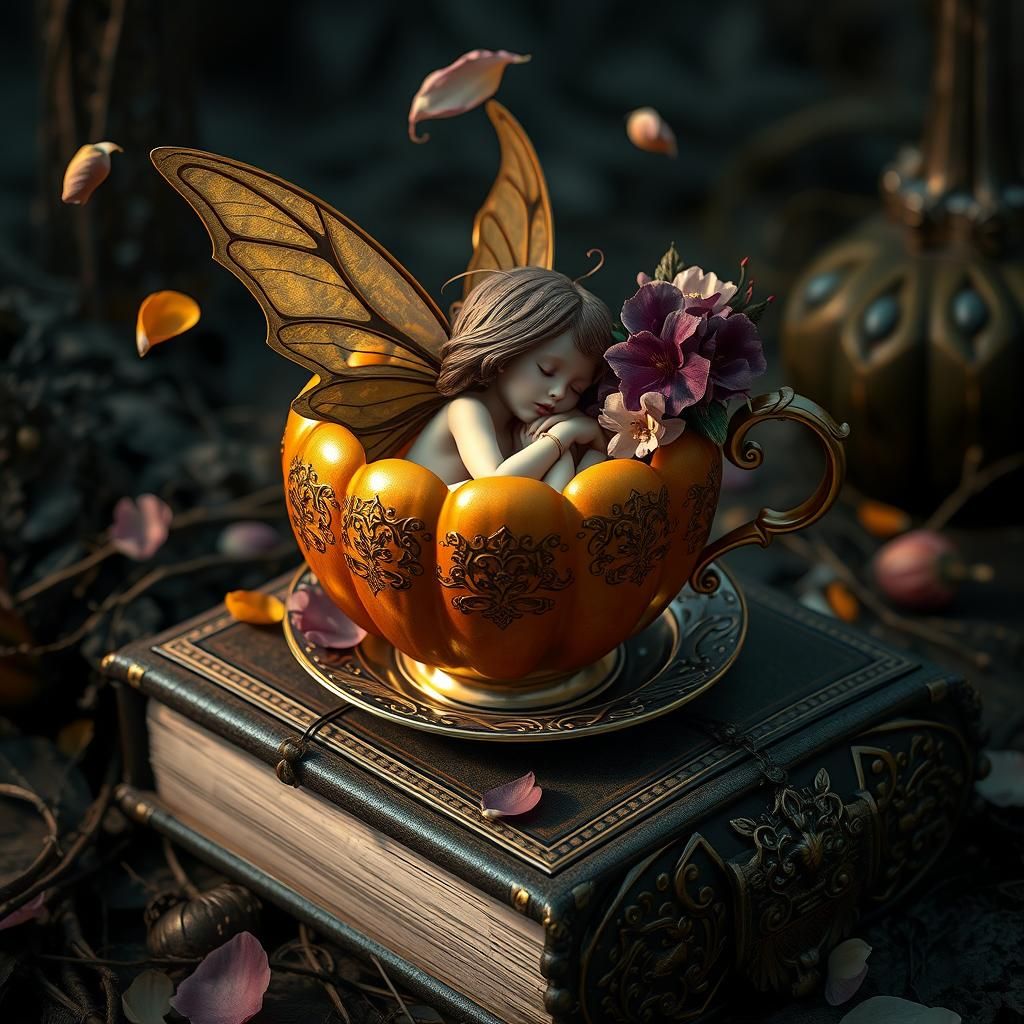 Fairy Asleep in Pumpkin Teacup, Dark Whimsical Art