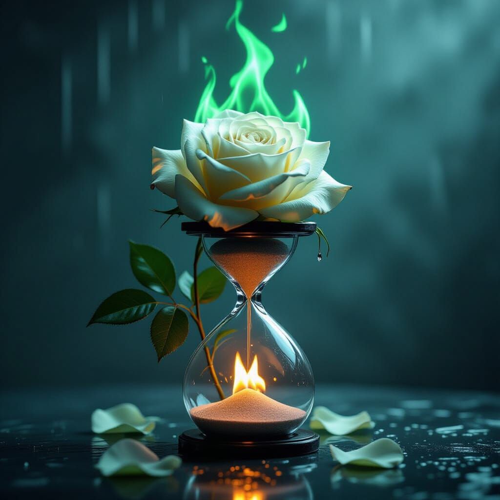 Burning Rose in Hourglass Vase with Green Flames