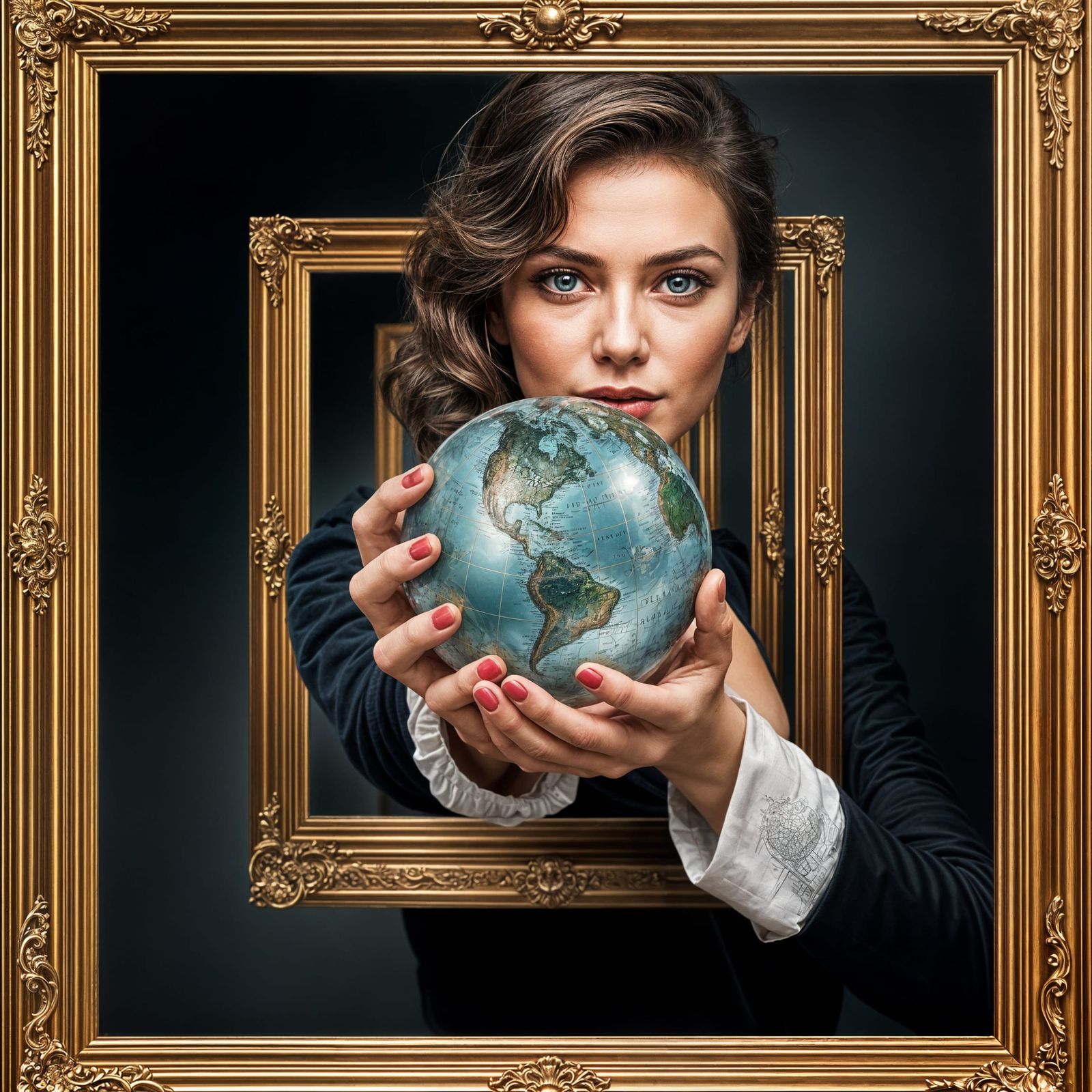 Woman Holds Shiny Globe in Endless Depth Hyperrealism