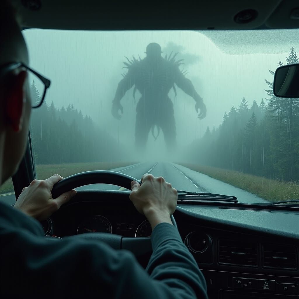 Driving into a Monster Fog: First-Person Horror View