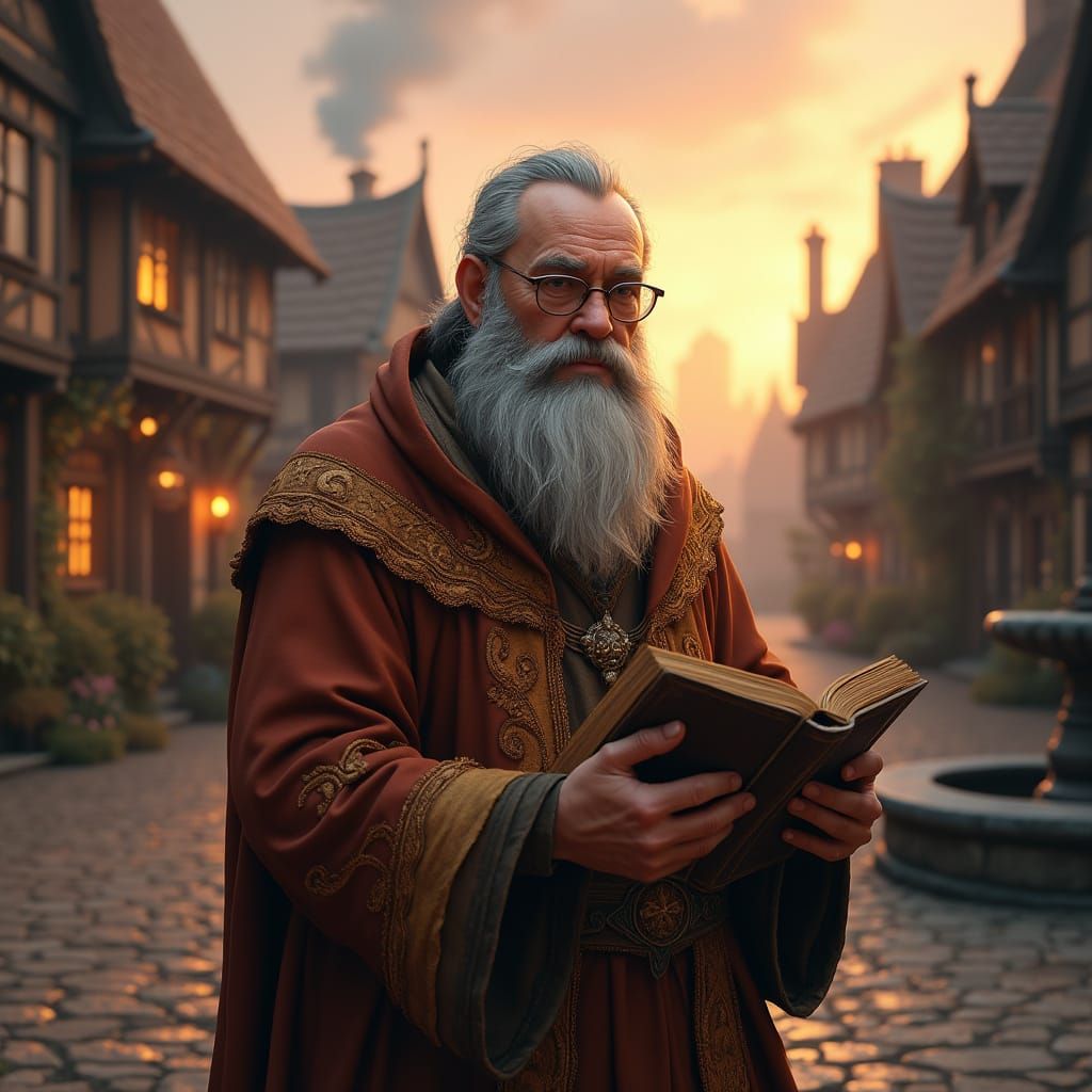 Medieval Mayor Stands Proud in Sunset-Lit Town Square, in Fa...