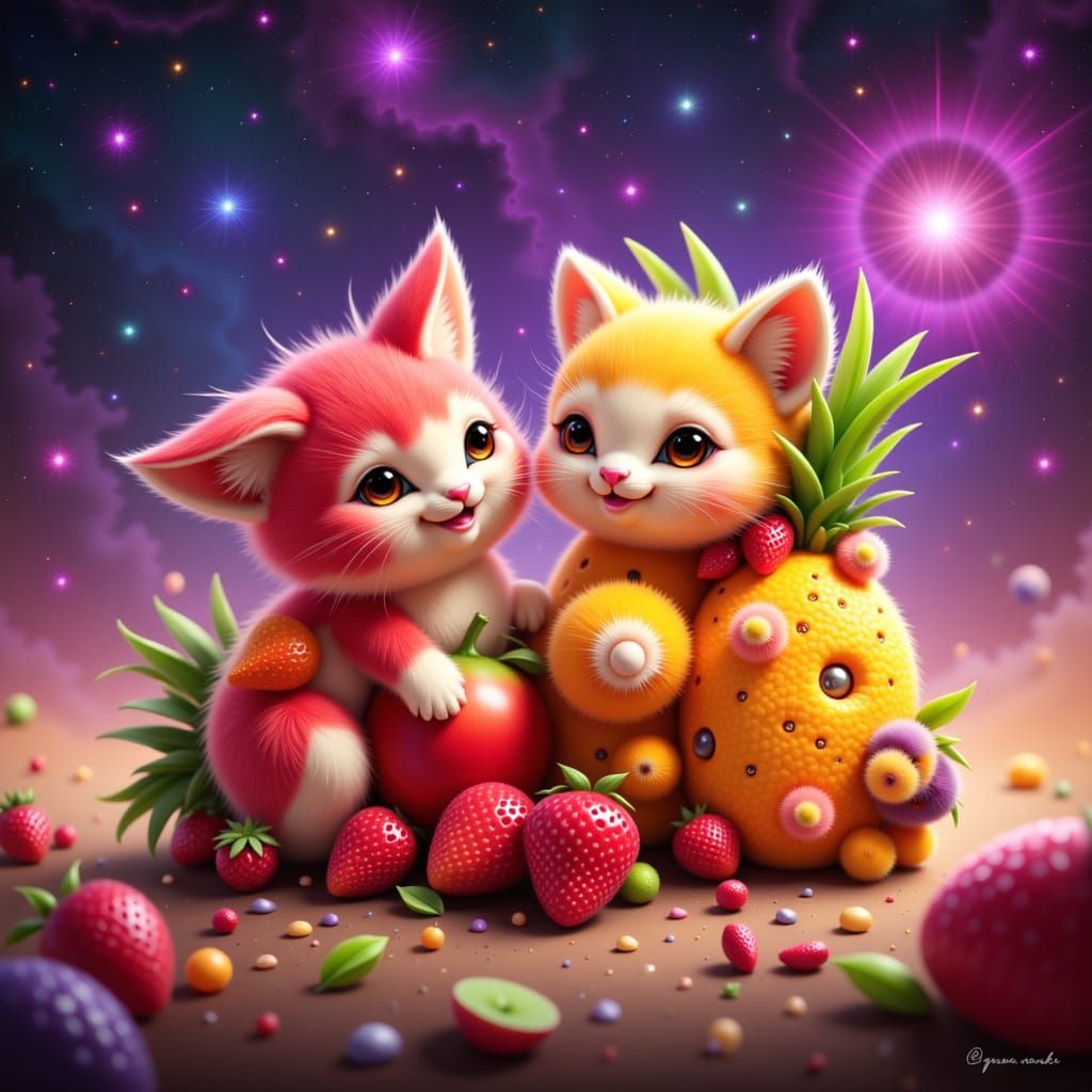 Fruit Kittens in Cosmic Setting as Digital Art