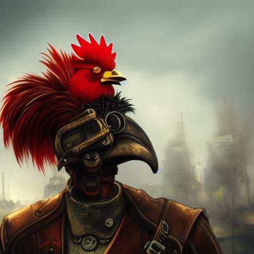 Steampunk Rooster Ready for Battle in Apocalyptic Scene