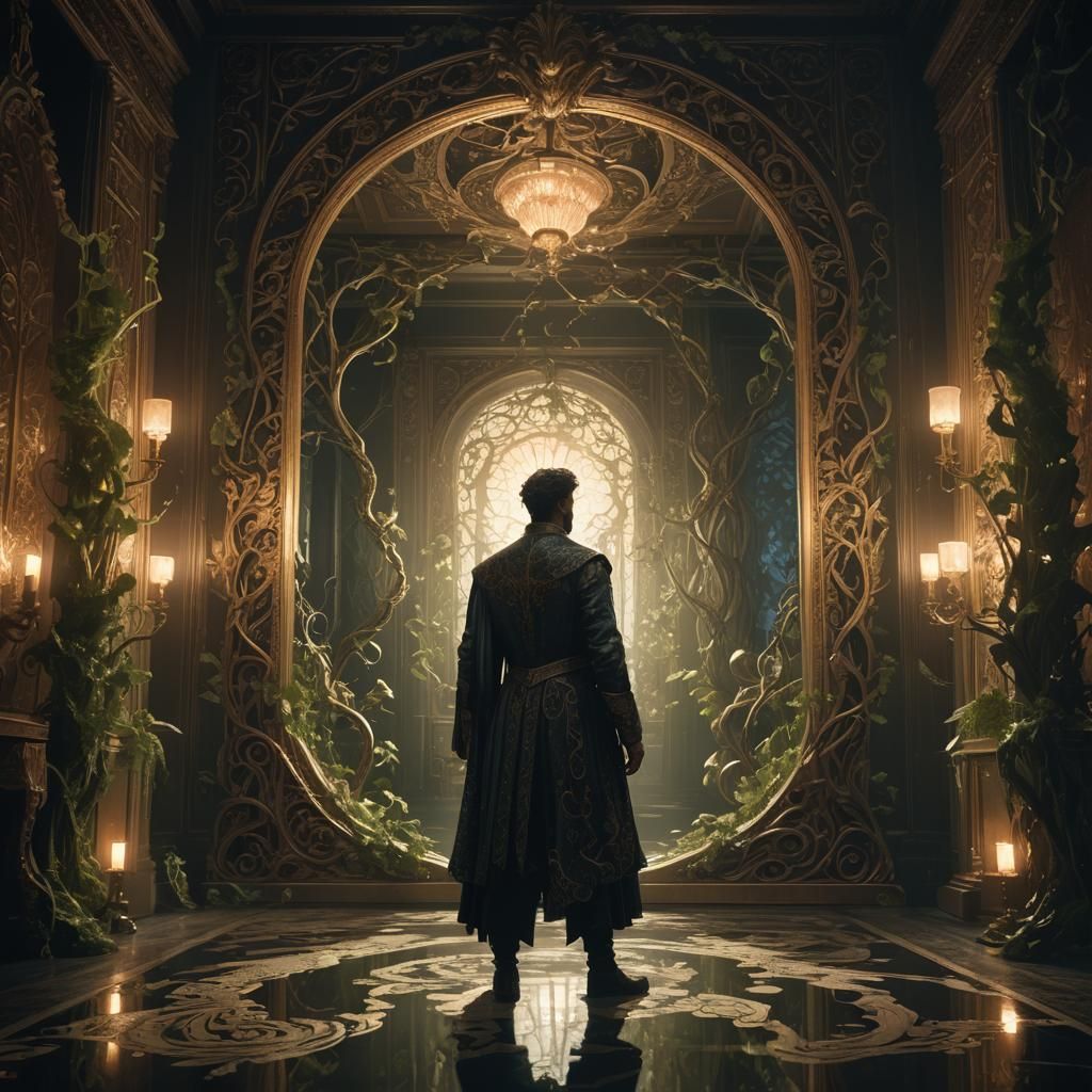 Ornate Mirror Reflecting a Frightened Boy