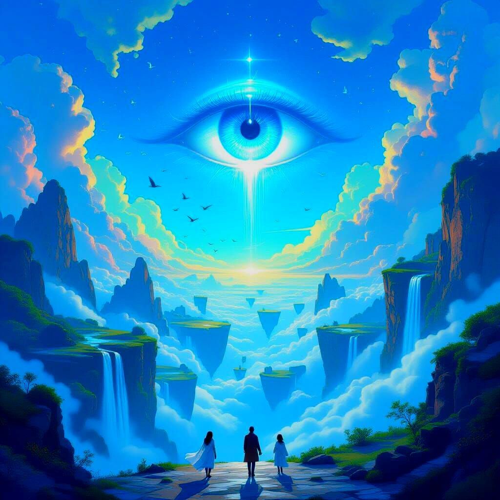 Utopian World with Floating Islands in Digital Art Style