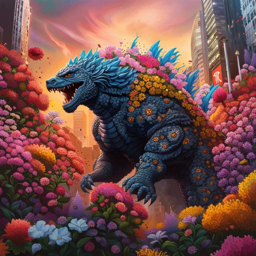 Godzilla in Tokyo Covered in Flowers, Hyperrealistic Splash ...