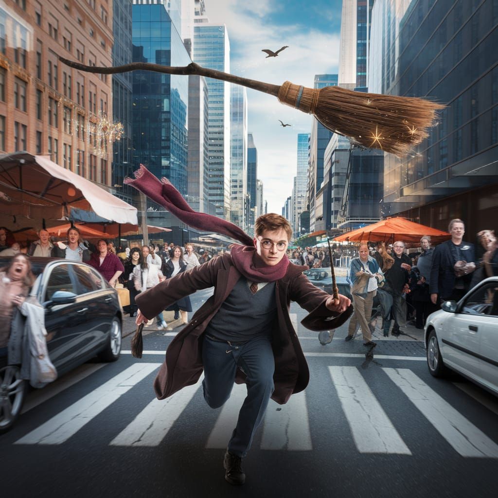 Harry Potter Chases Rogue Broomstick in Vibrant City