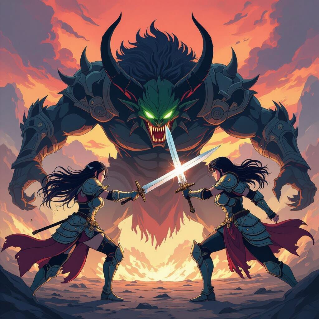 Orc Women Clash with Demon in Manga Style