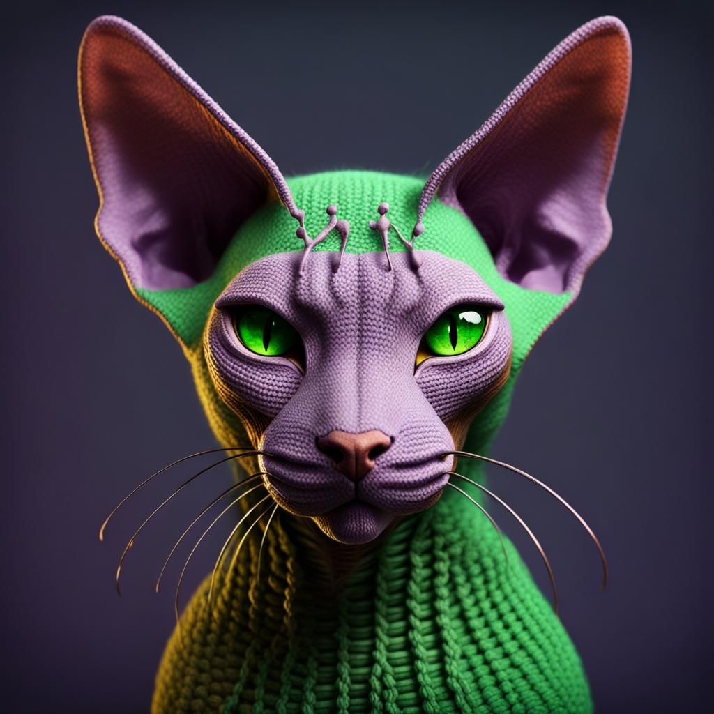 Hyperdetailed Knitted Sphynx Cat in Dark Fantasy Style