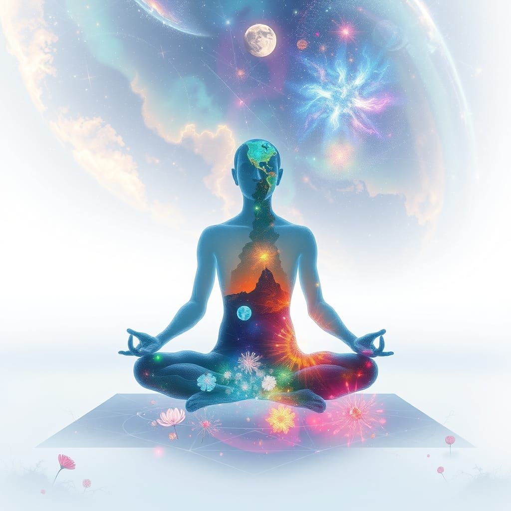 Meditating Man in Bioluminescent Cosmic Dreamscape