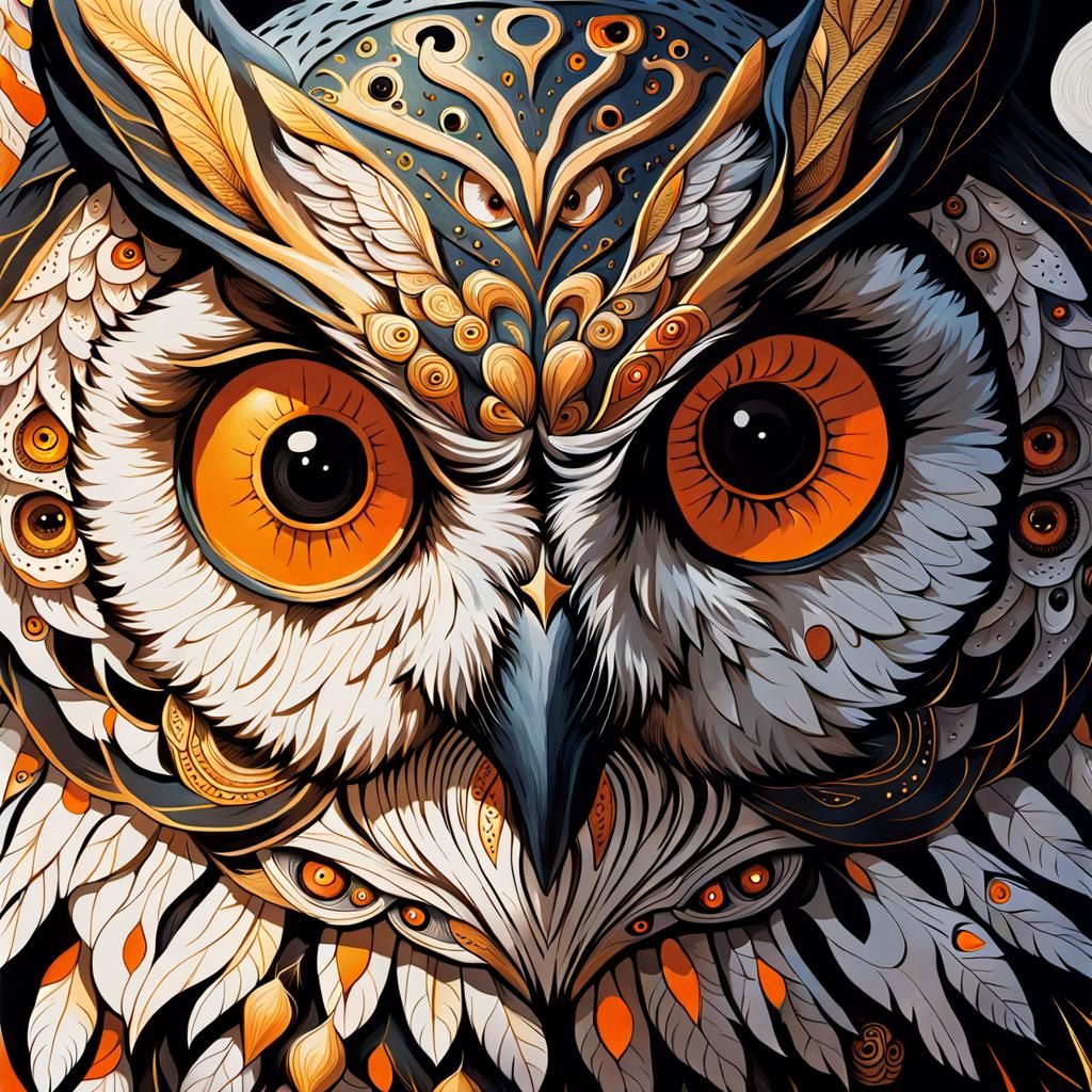 Intricate Ink Print of Witch Dancing Under Owl