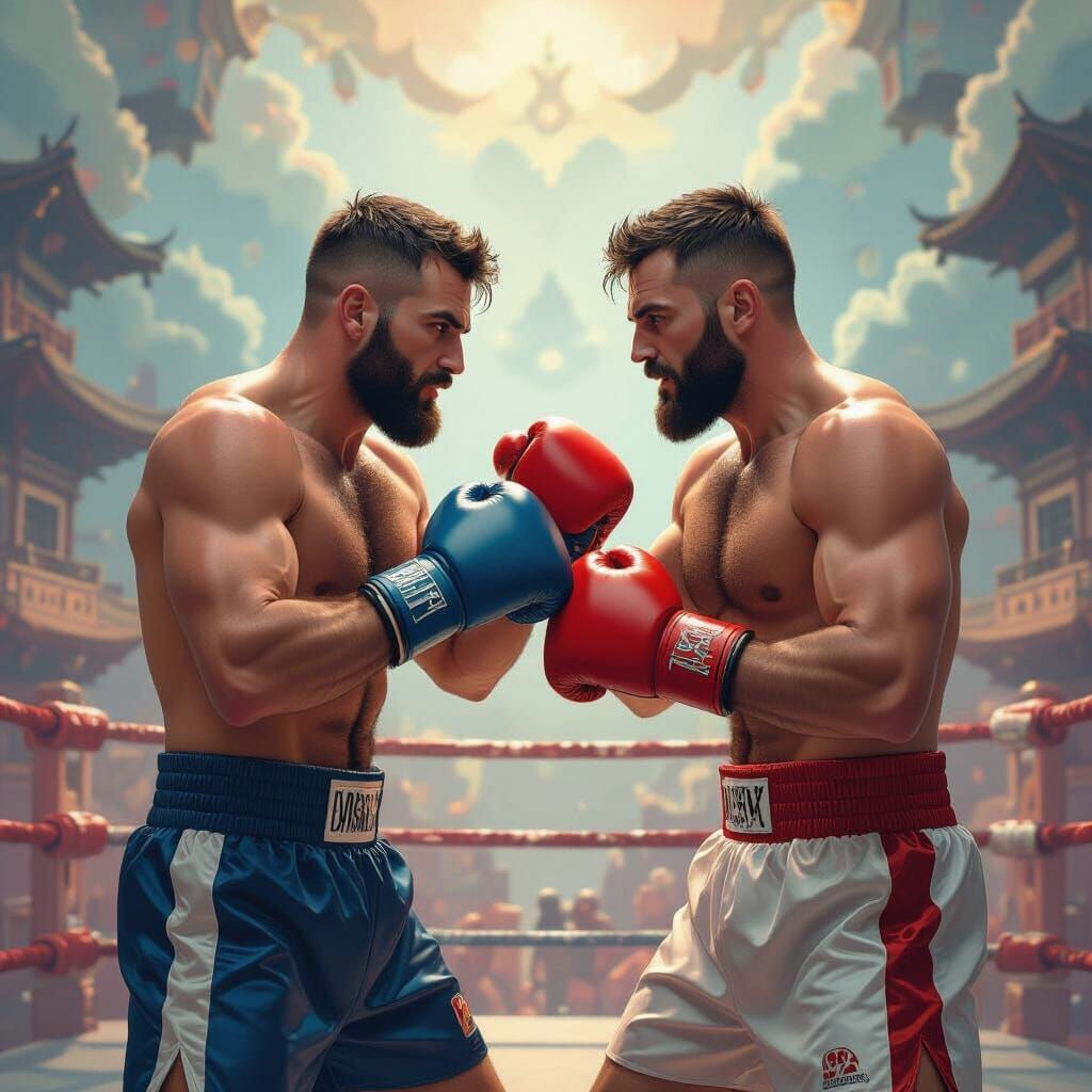 Two 60-Year-Old Men Boxing in Dramatic Fantasy Art Style