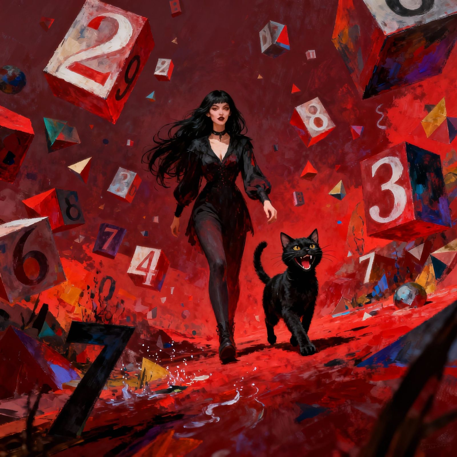 Woman and Cat in Abstract Expressionist Landscape