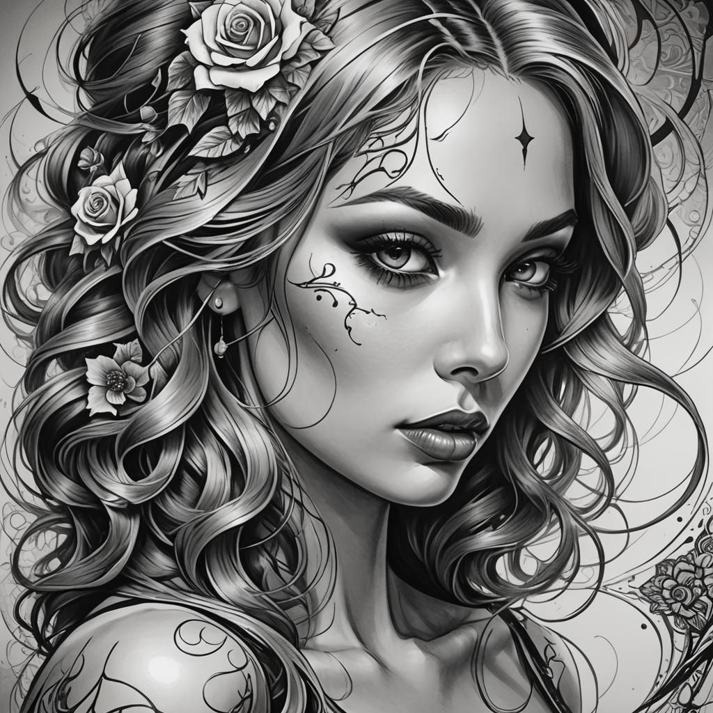 Noir Comic Art: Tattooed Beauty in Grayscale