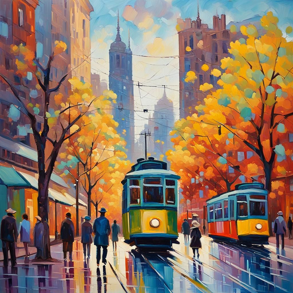 Melbourne Cityscape in Neo-Impressionist Oil Painting Style