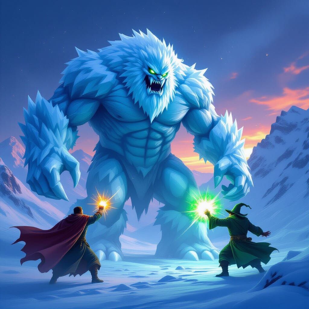 Colossal Ice Golem Battles Sun Warrior and Green Wizard