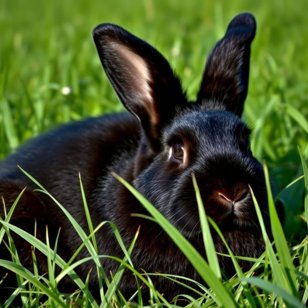 Photorealistic Black Rabbit in Emerald Meadow