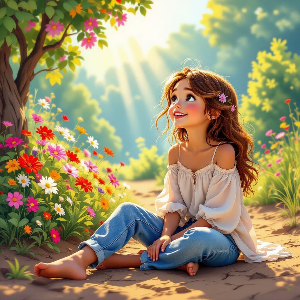 Girl Amazed by Blooming Flowers on Cracked Earth