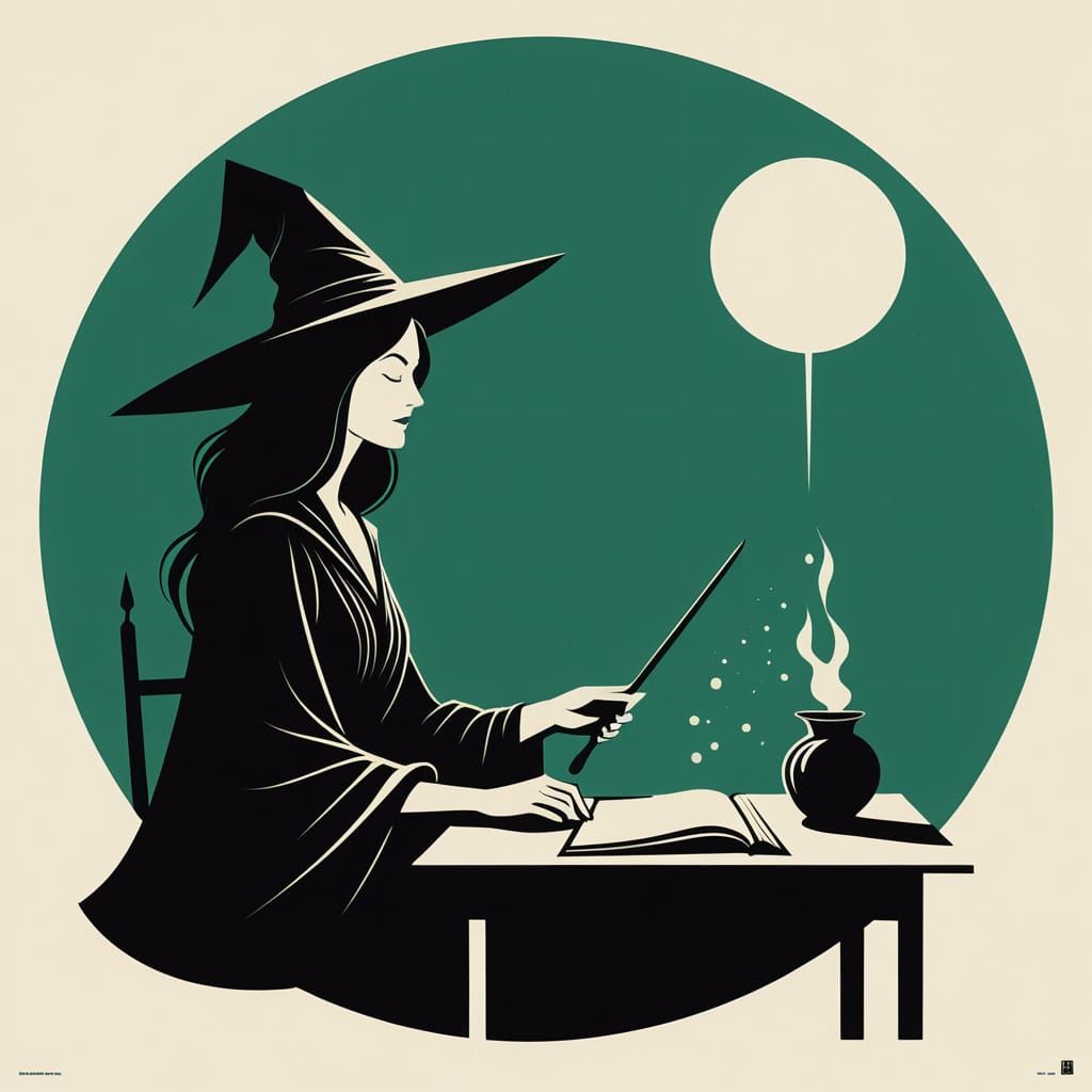 a minimalist painting of a witch teaching in magic school
