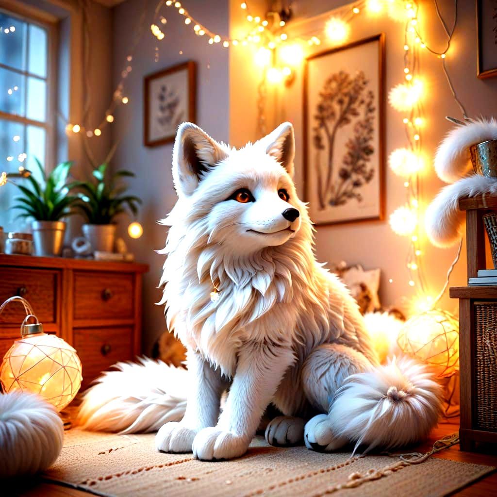 Cute White and Silver Fox Plush in a Cozy Child's Room