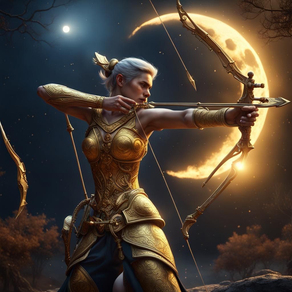 Golden Archer Fires at Moon: Fantasy Concept Art
