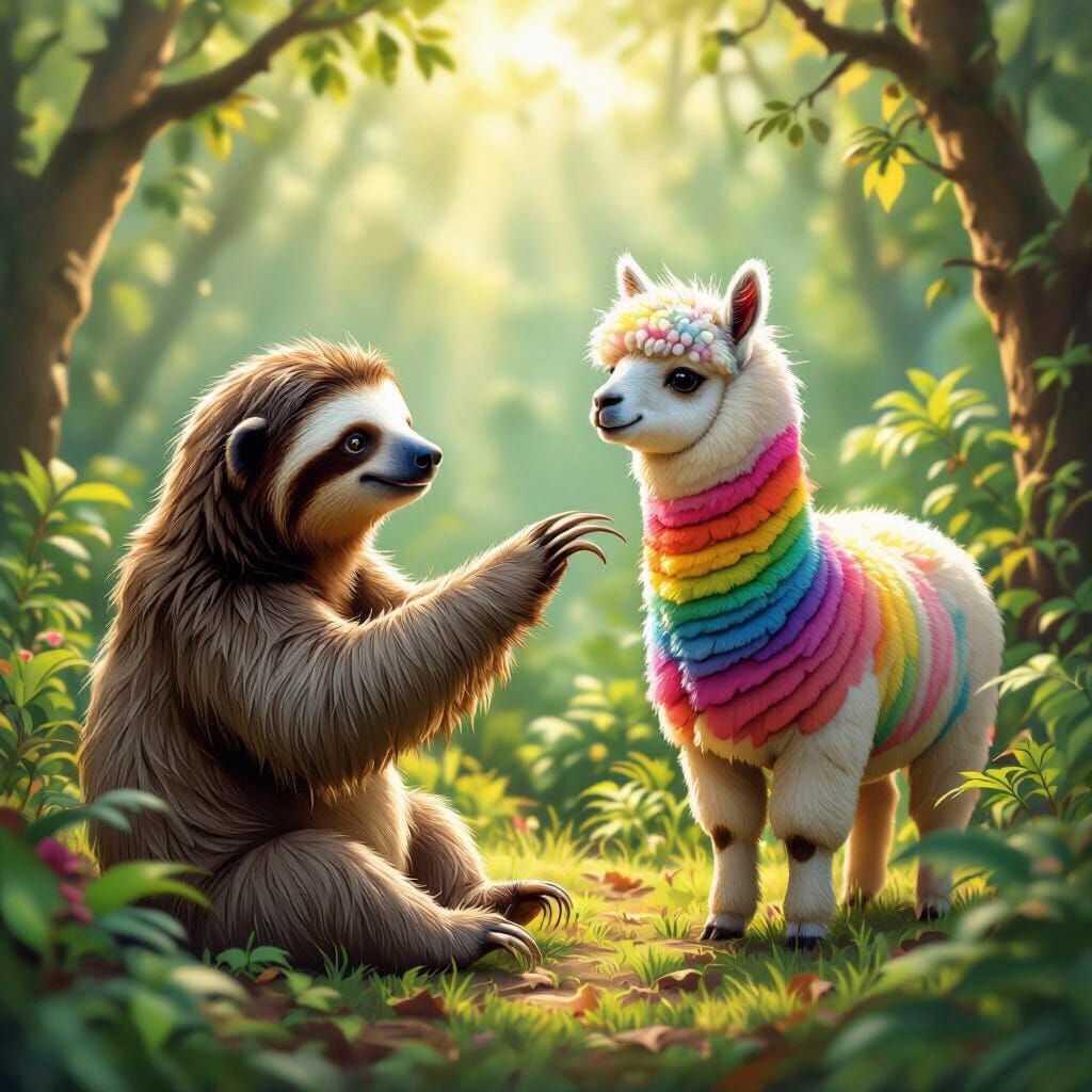 Sloth Scratches Fluffy Alpaca in Whimsical Rainforest