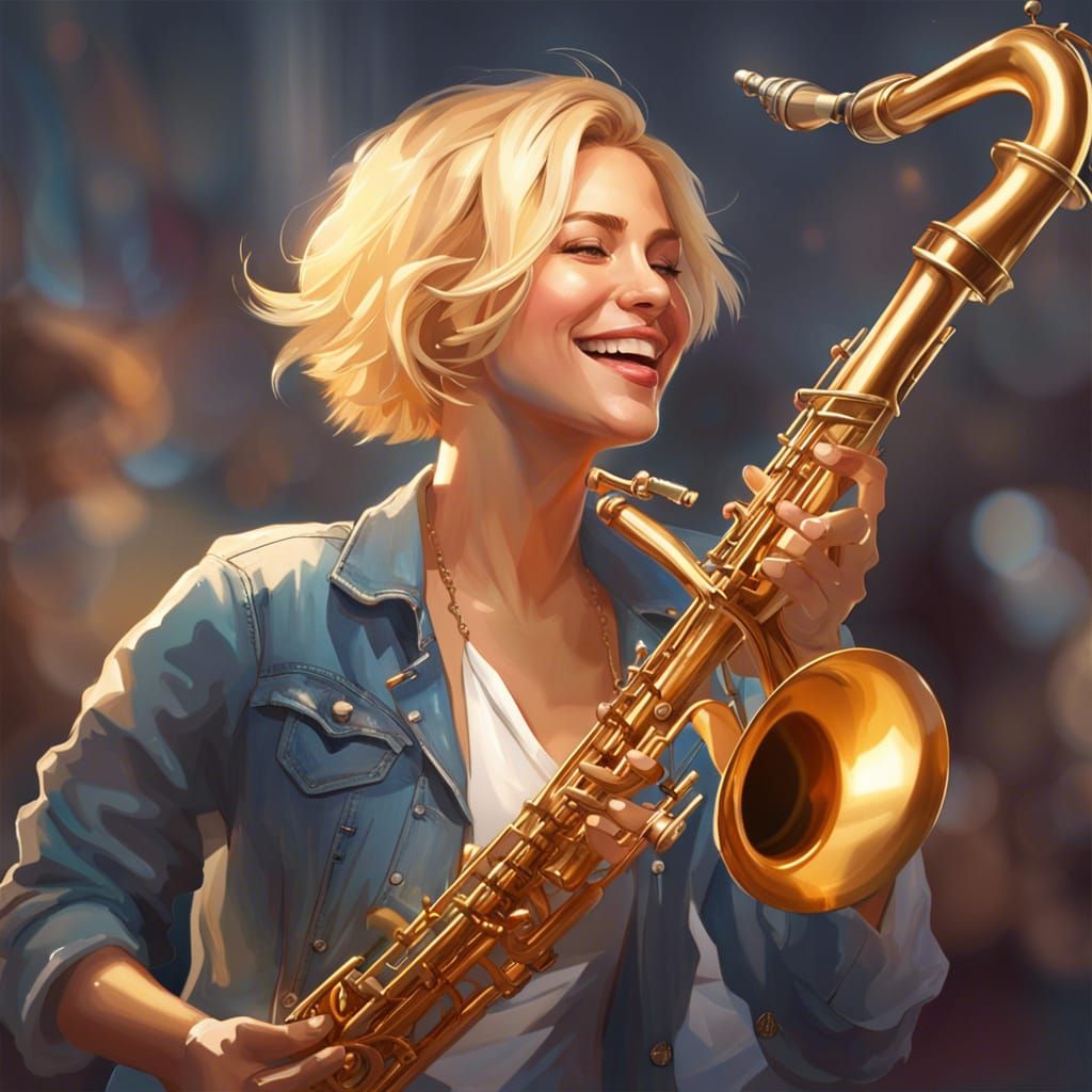 Blonde Musician Plays Saxophone: Hyperdetailed Portrait