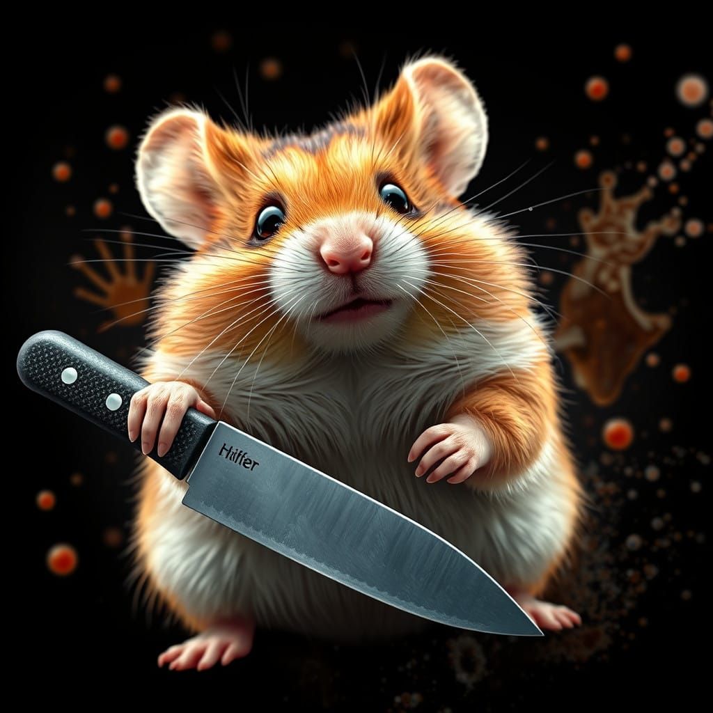 Whimsical Hamster Wields Knife in Dark Fantasy Scene