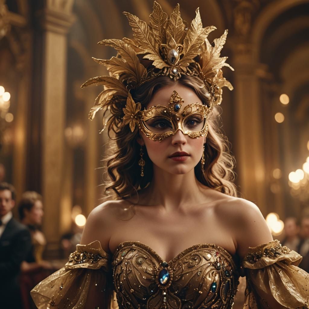 Baroque Woman in Gown with Masquerade Mask