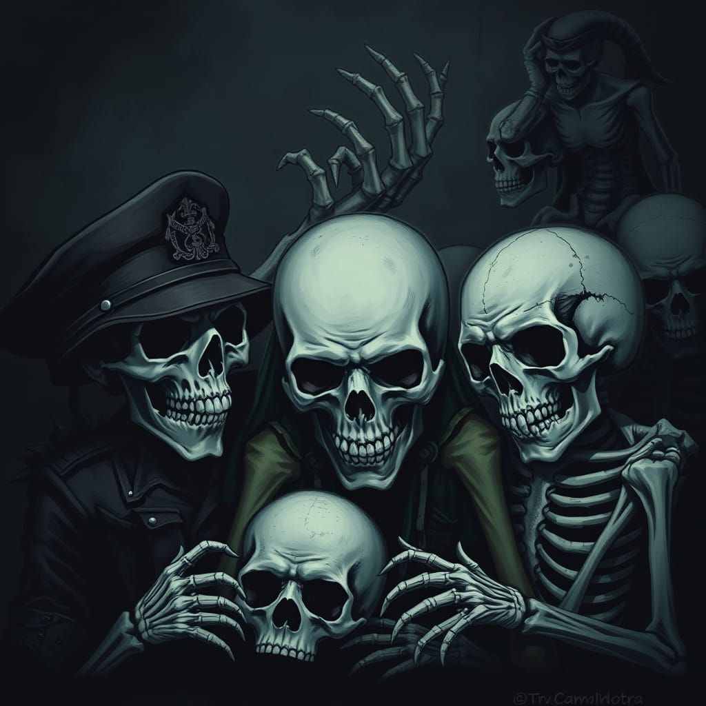 Ominous Military Scene with Skulls and Skeletons