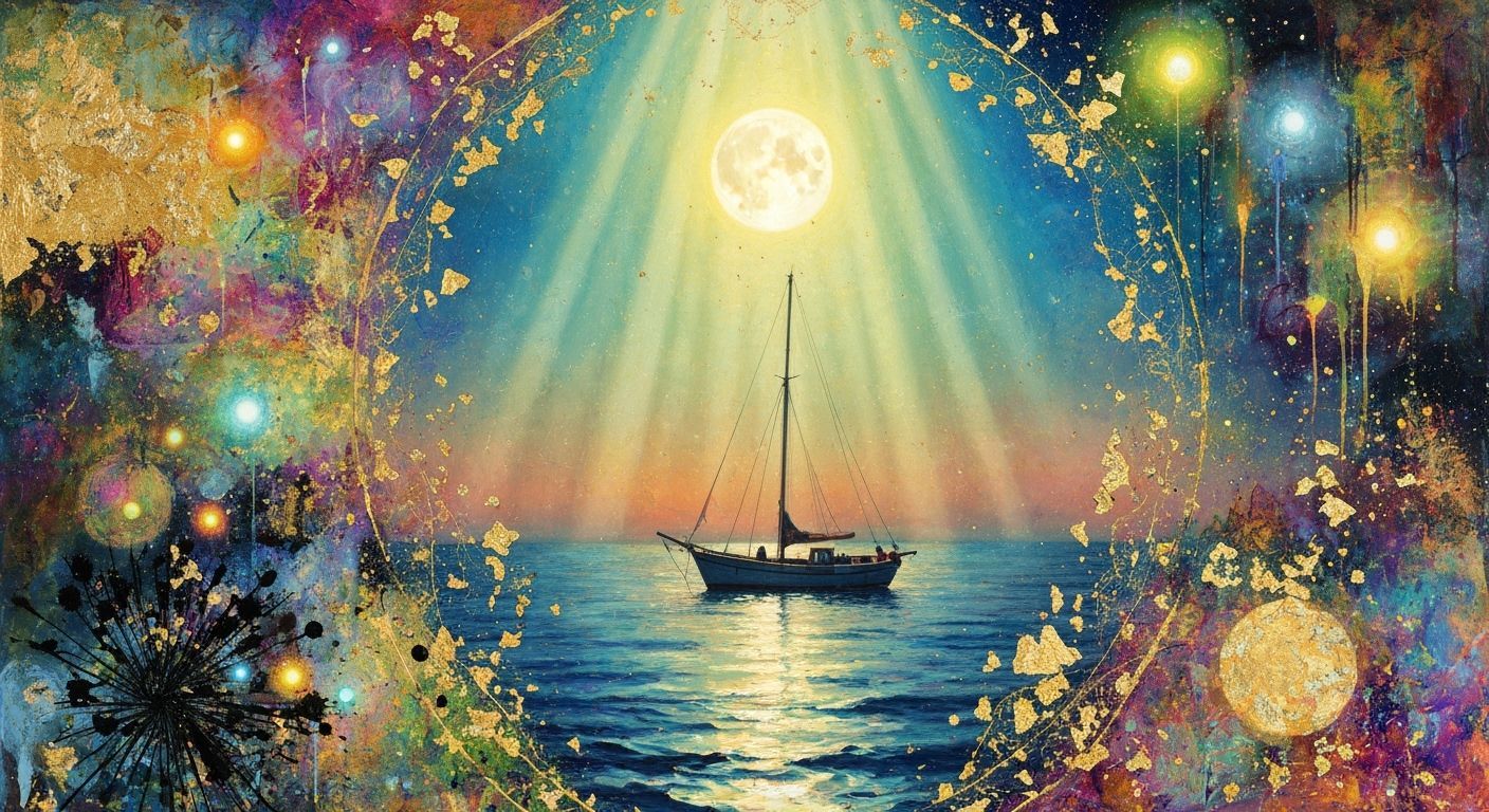 Surreal Moonlit Boat at Sea with Gold Leaf and Geometric Art