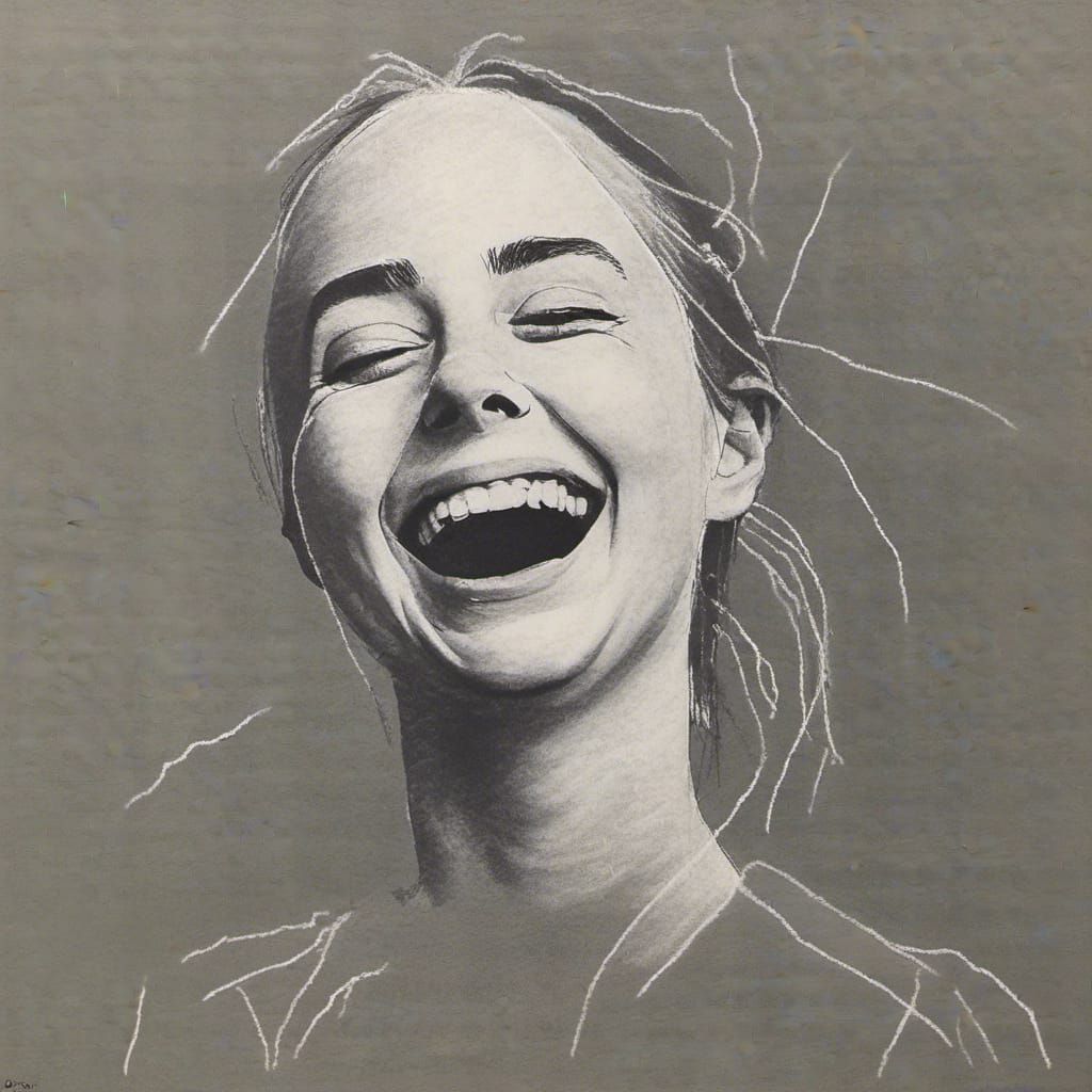 Minimalist Pencil Drawing of Laughing Girl