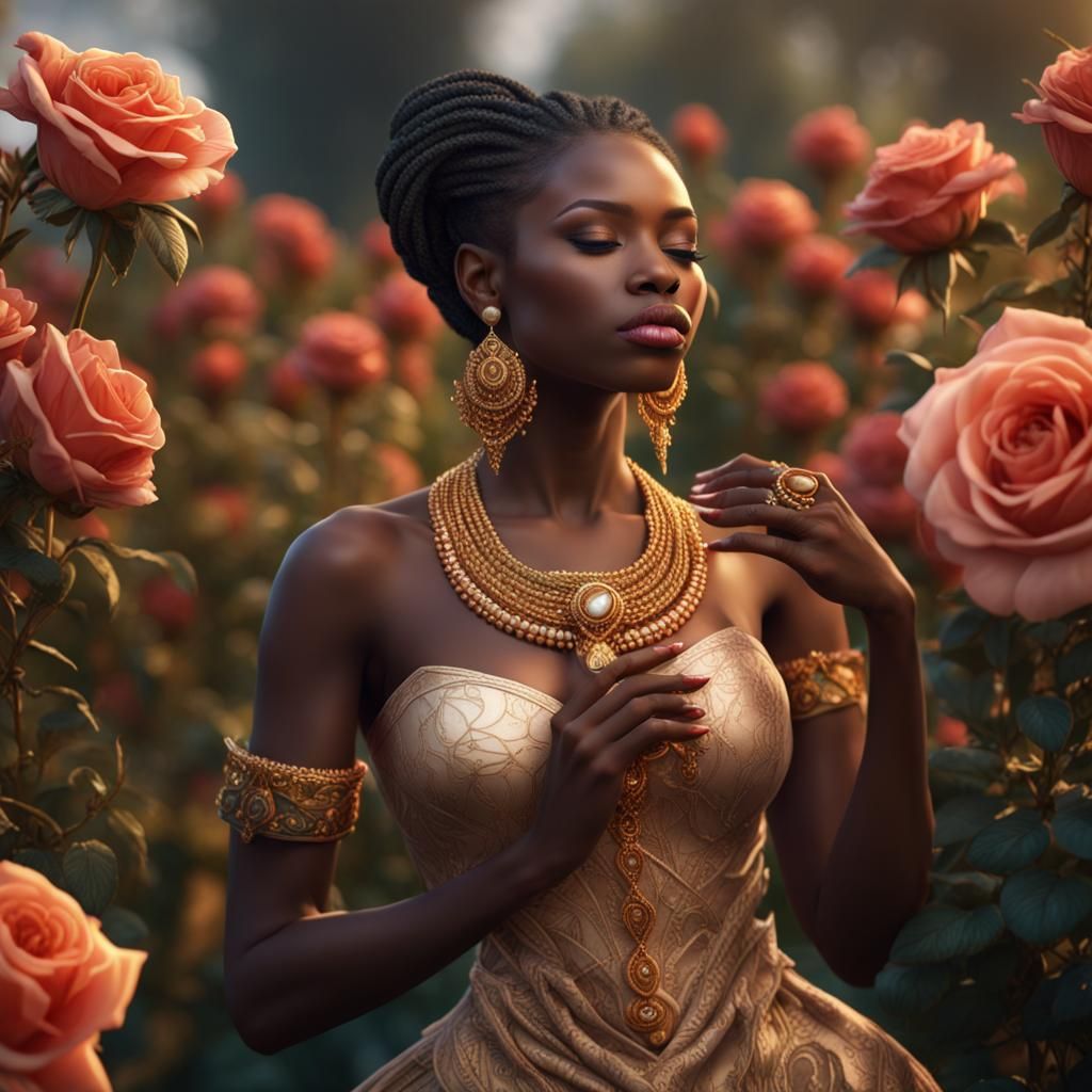African Lady Smelling a Rose, Detailed Matte Painting
