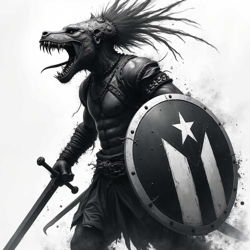 Cacique Warrior in Vibrant Monochrome Abstract Style