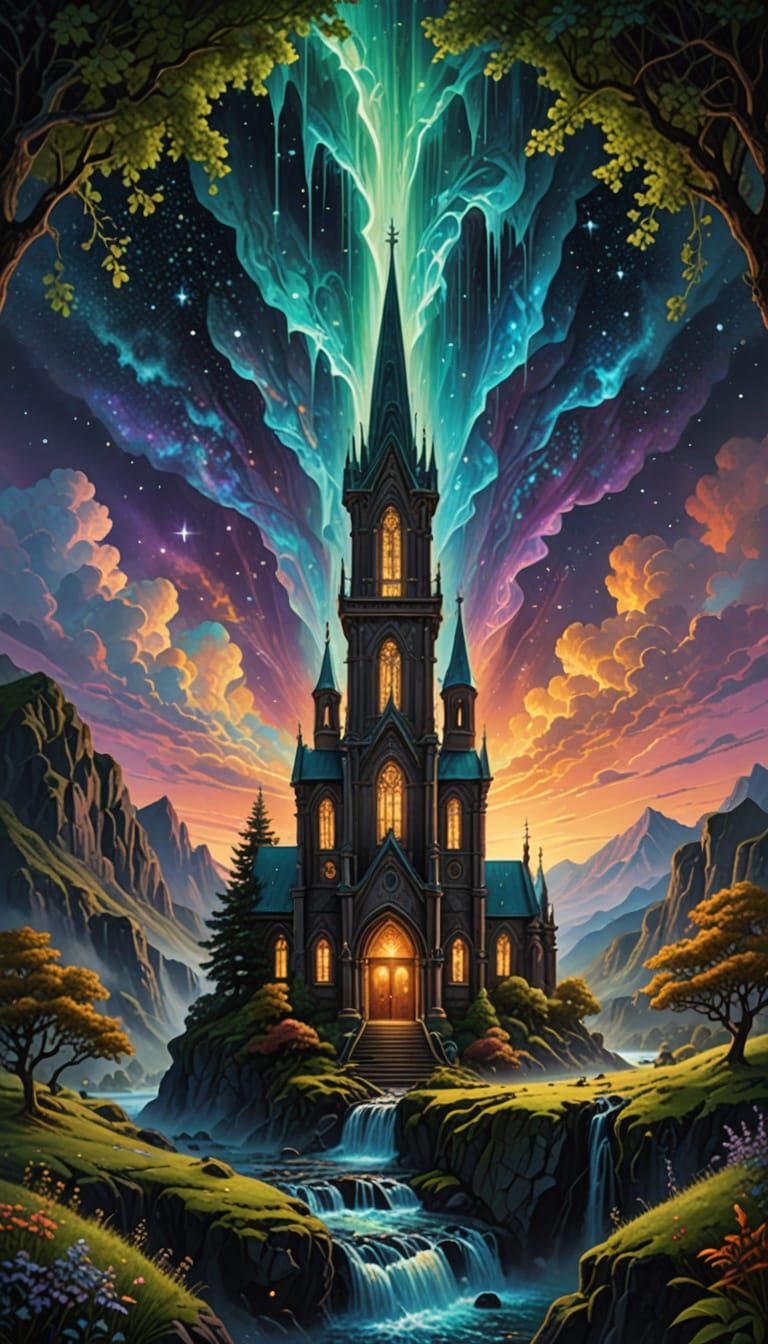 Gothic Surrealism Waterfall in Cosmic Vista