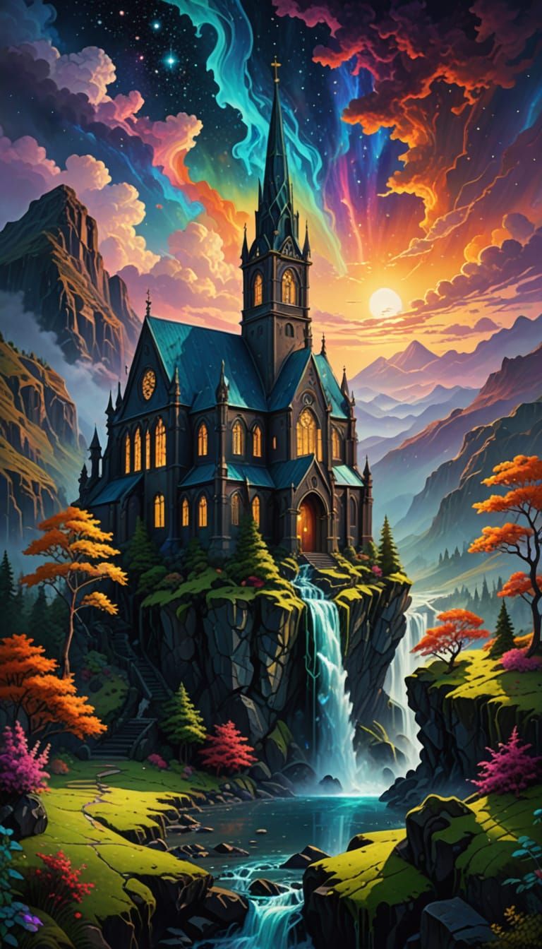 Gothic Surrealism: Waterfall from Church Spire