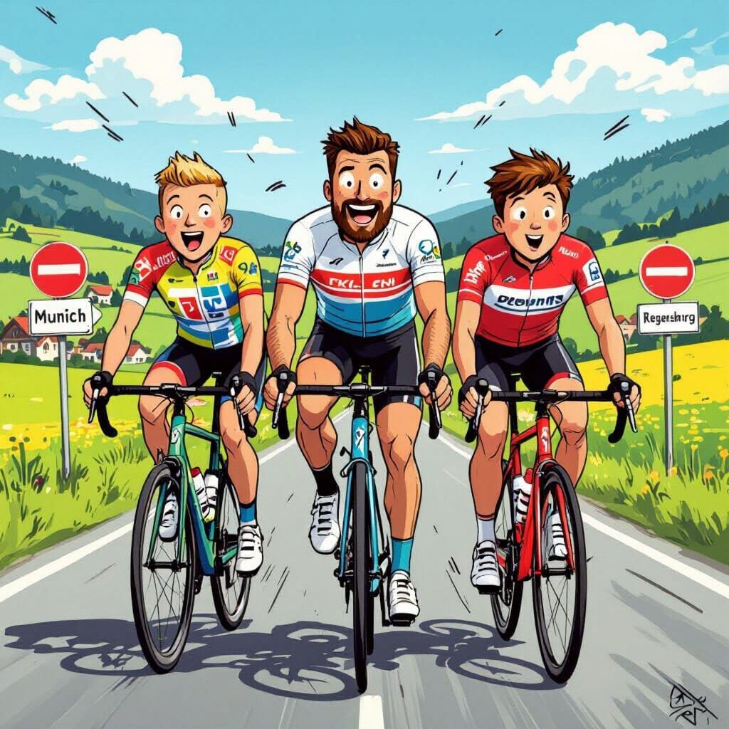 Humorous Comic Illustration of Family Bike Ride