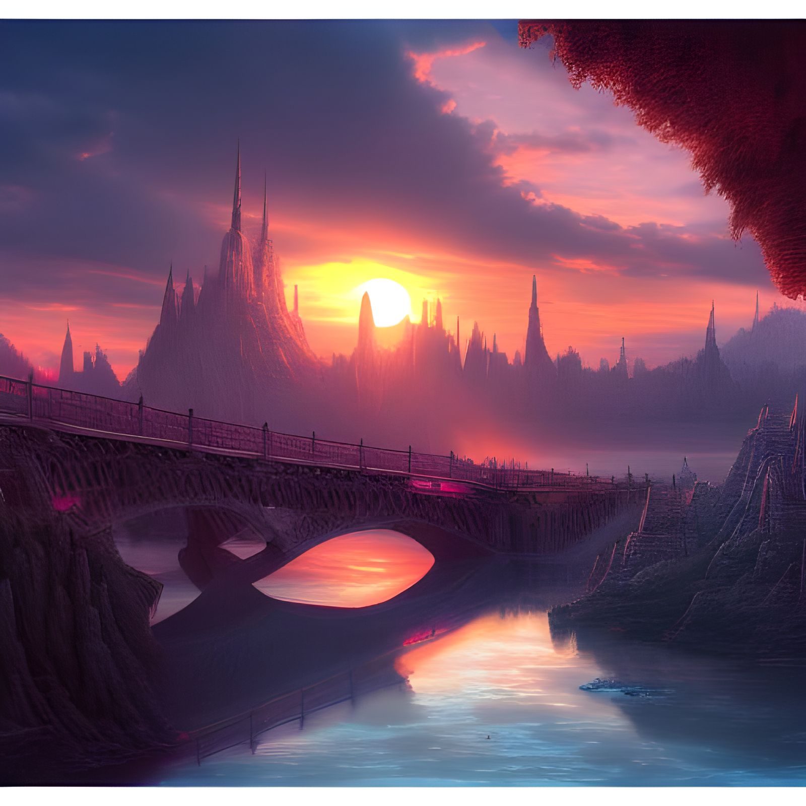Fantastical Sunset Bridge in Detailed Matte Painting