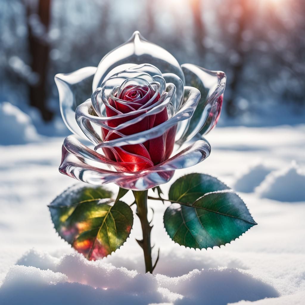 Crystal Rose in Snowy Garden: Hyperrealistic Art