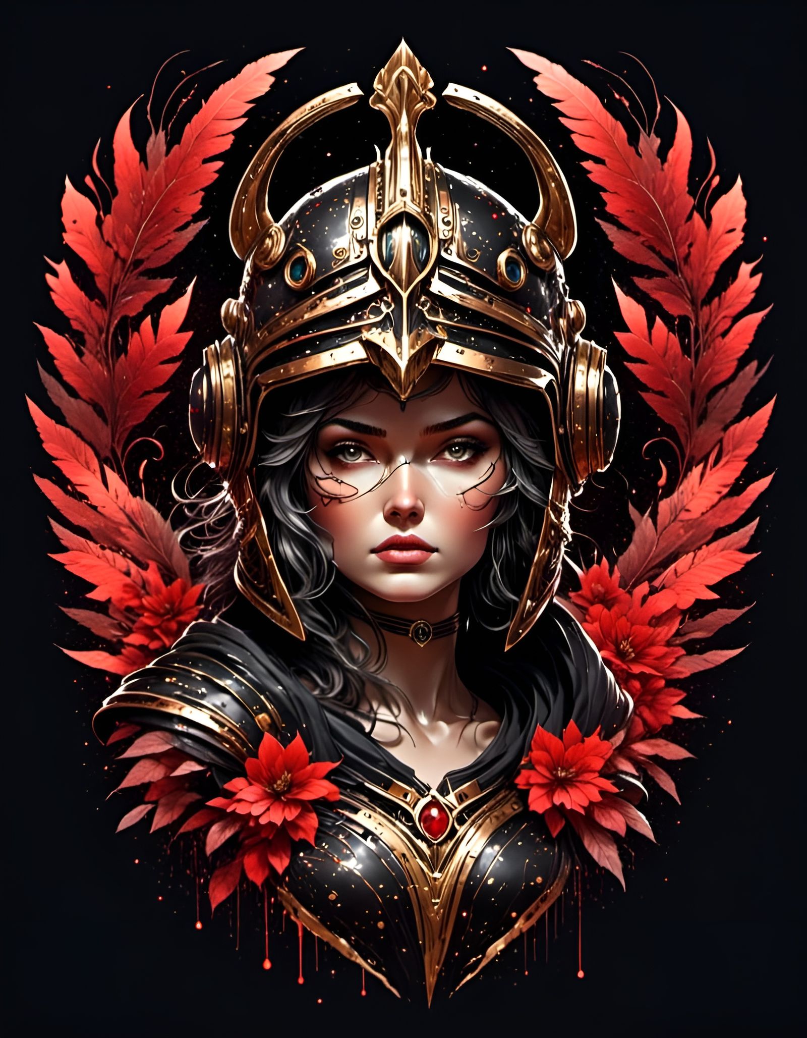 Athena in Ornate Helmet, Ink and Watercolor Style