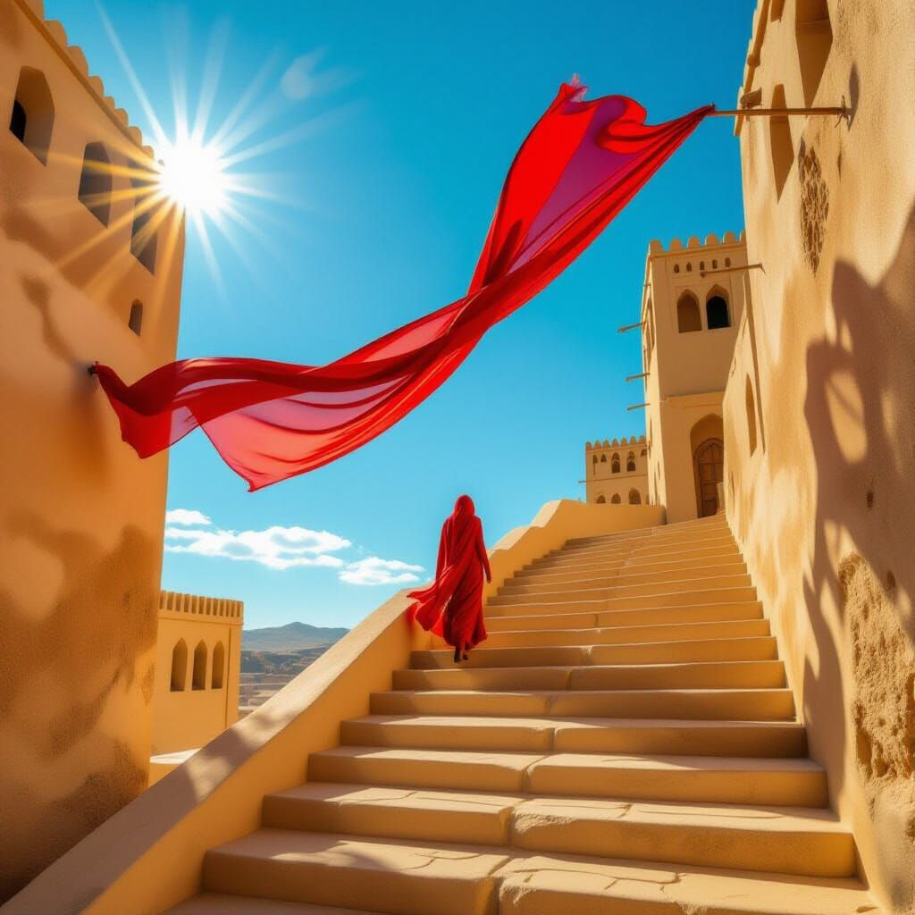 Red Fabric Ascending Moroccan Stairway to Heaven