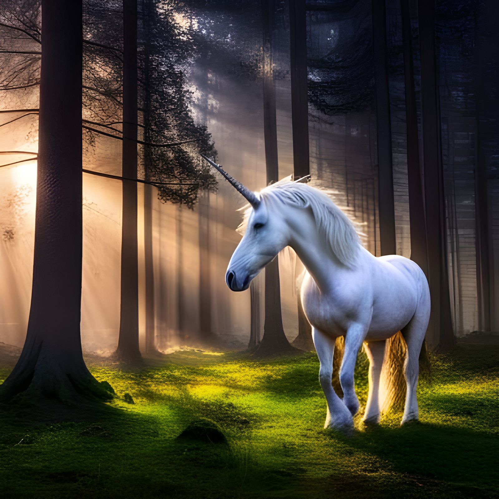 Majestic Unicorn Grazing in Mystical Forest at Dawn